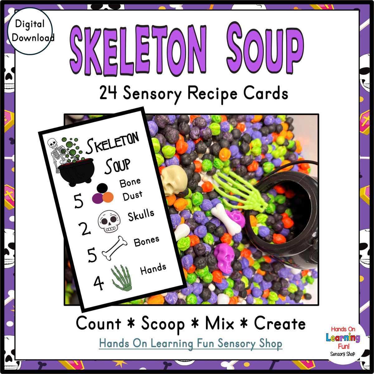 Skeleton Soup Sensory Recipe Cards | Halloween Counting Activity