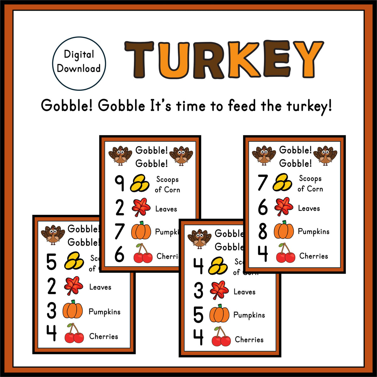 Feed the Turkey Recipe Cards – Fall Counting Sensory Activity