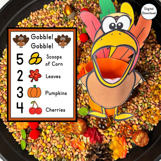 Feed the Turkey Sensory Bin Kit Recipe Cards | Printable PDF