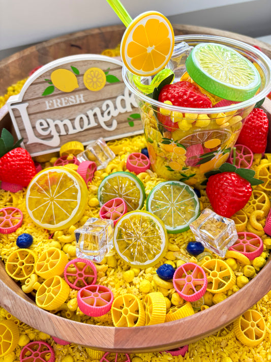 Lemonade sensory kit with colorful sensory filler, citrus slices, strawberries, and a lemonade cup for preschool sensory play.