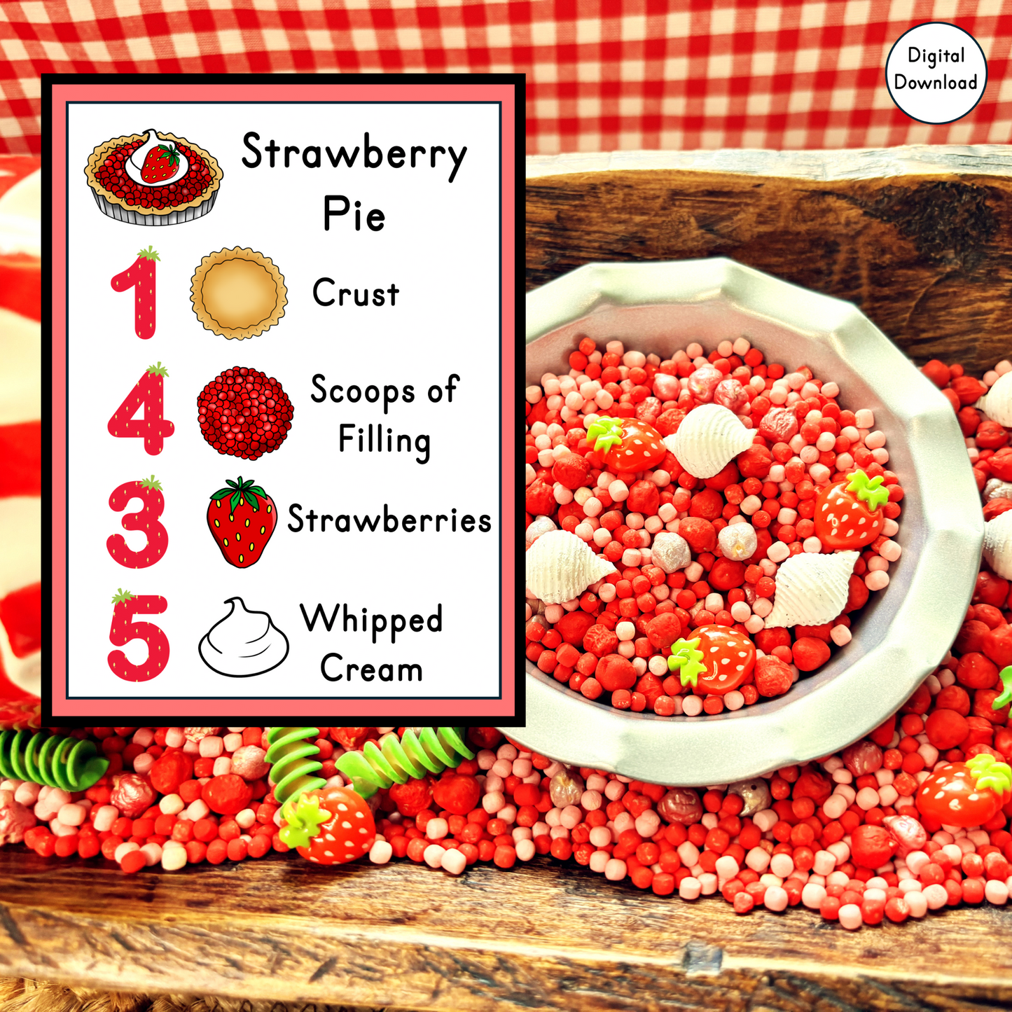 Strawberry Pie Sensory Bin Recipe Cards | Printable PDF